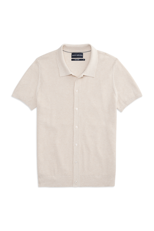 Front view of Tech Linen Button Up Sweater Polo in Latte Heather