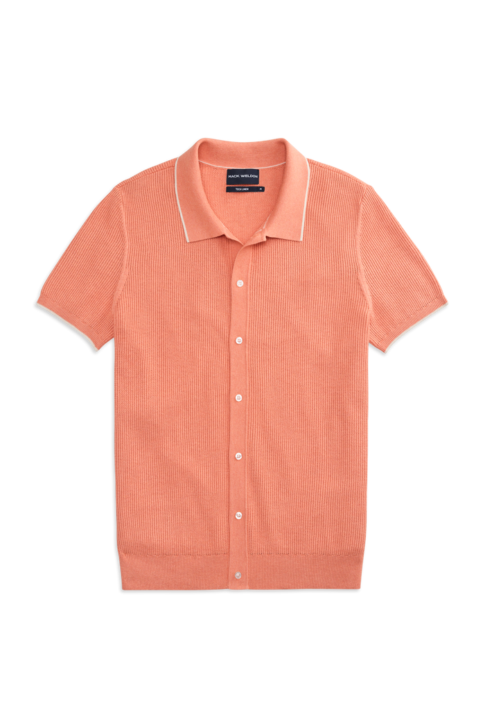 Front view of Tech Linen Button Up Sweater Polo in Shell Coral Heather
