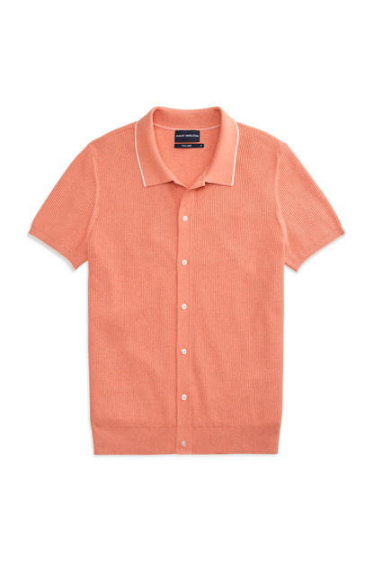 Front view of Tech Linen Button Up Sweater Polo in Shell Coral Heather