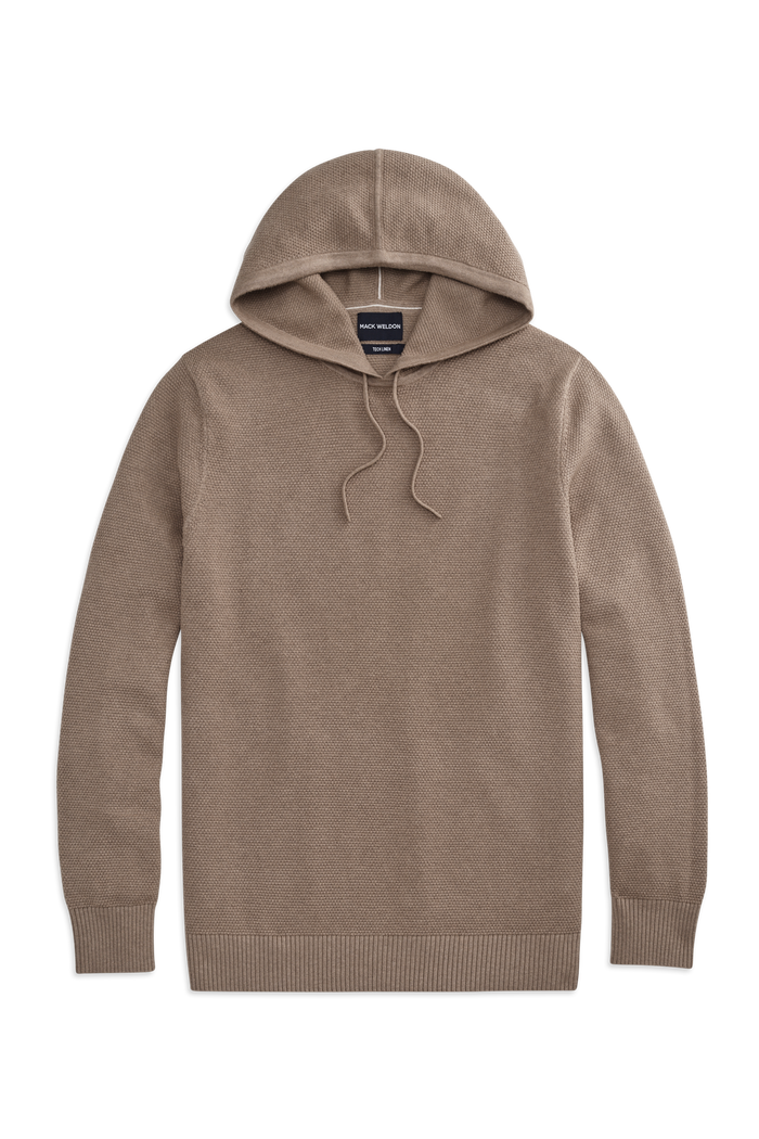 Front view of Tech Linen Long Sleeve Hoodie in Desert Taupe Heather