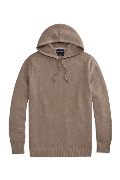 Front view of Tech Linen Long Sleeve Hoodie in Desert Taupe Heather