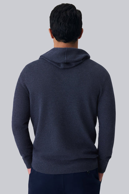 Back view of a man wearing Tech Linen Long Sleeve Hoodie in Navy Heather