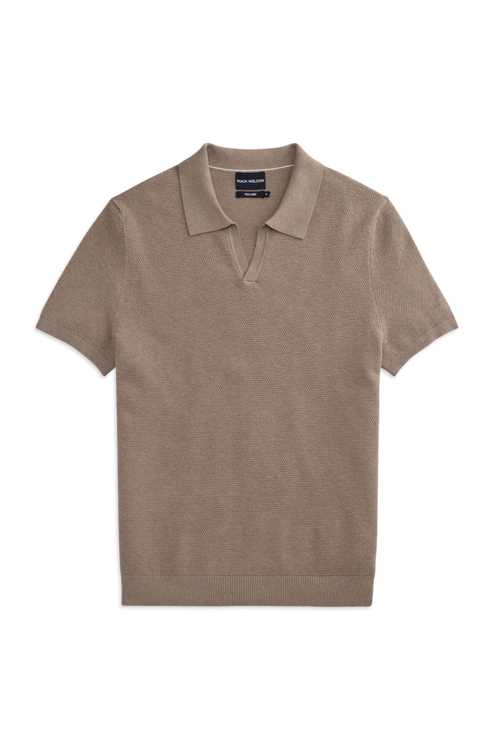 Front view of Tech Linen Johnny Collar Sweater Polo in Desert Taupe Heather