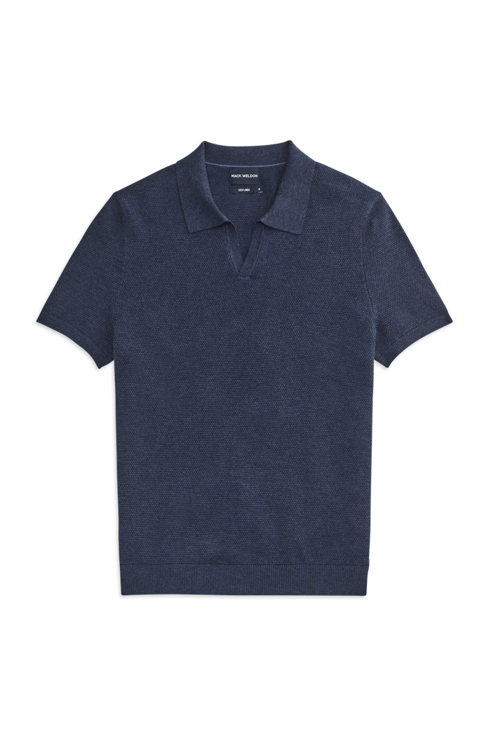 Front view of Tech Linen Johnny Collar Sweater Polo in Navy Heather