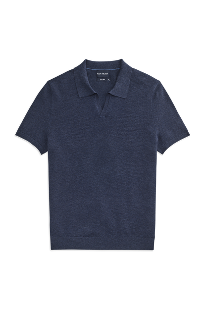 Front view of Tech Linen Johnny Collar Sweater Polo in Navy Heather