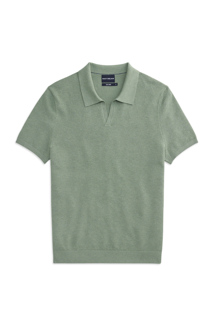 Front view of Tech Linen Johnny Collar Sweater Polo in Sage Leaf Heather
