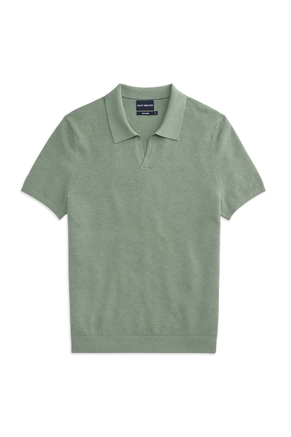 Front view of Tech Linen Johnny Collar Sweater Polo in Sage Leaf Heather