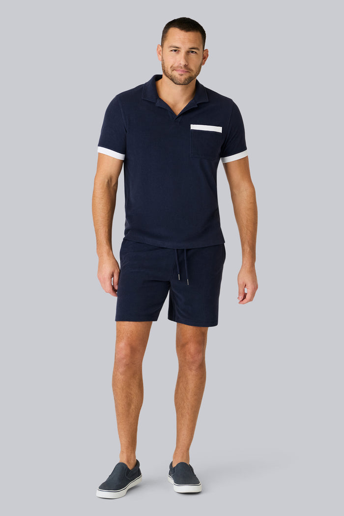 Full front view of Terry Cloth Johnny Collar Polo in Night Sky