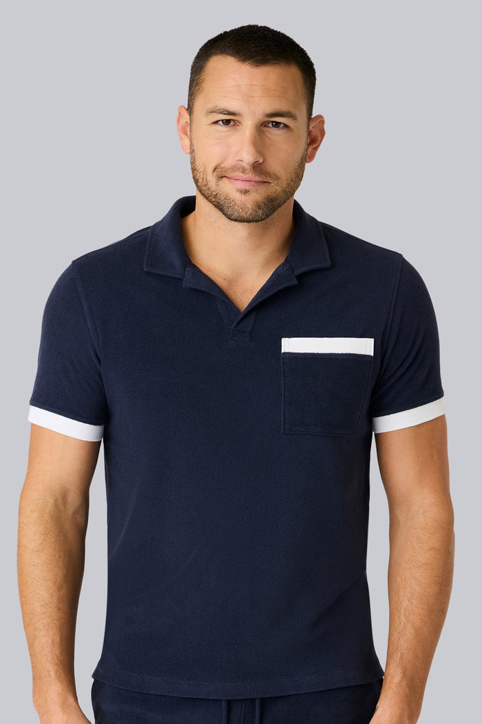 Front view of a man wearing Terry Cloth Johnny Collar Polo in Night Sky