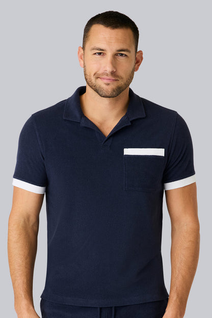 Front view of a man wearing Terry Cloth Johnny Collar Polo in Night Sky