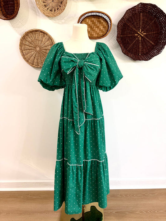 The Everlynn Bow Detail Polka Dot Maxi Dress in Kelly Green