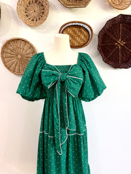 The Everlynn Bow Detail Polka Dot Maxi Dress in Kelly Green