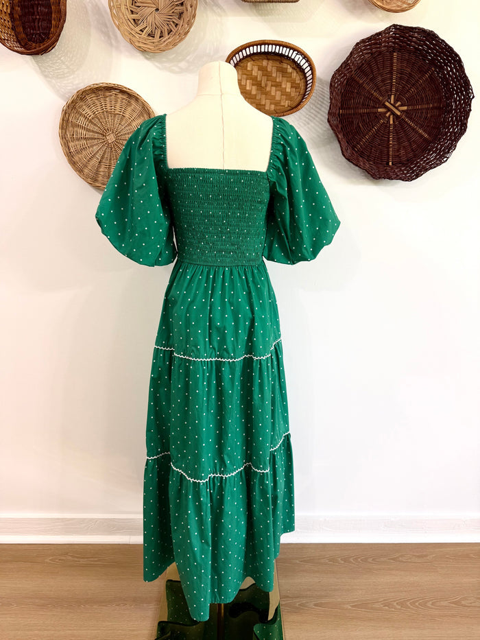 The Everlynn Bow Detail Polka Dot Maxi Dress in Kelly Green
