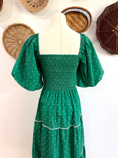 The Everlynn Bow Detail Polka Dot Maxi Dress in Kelly Green