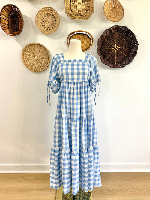 The Ezra Tiered Maxi Dress in Blue Gingham