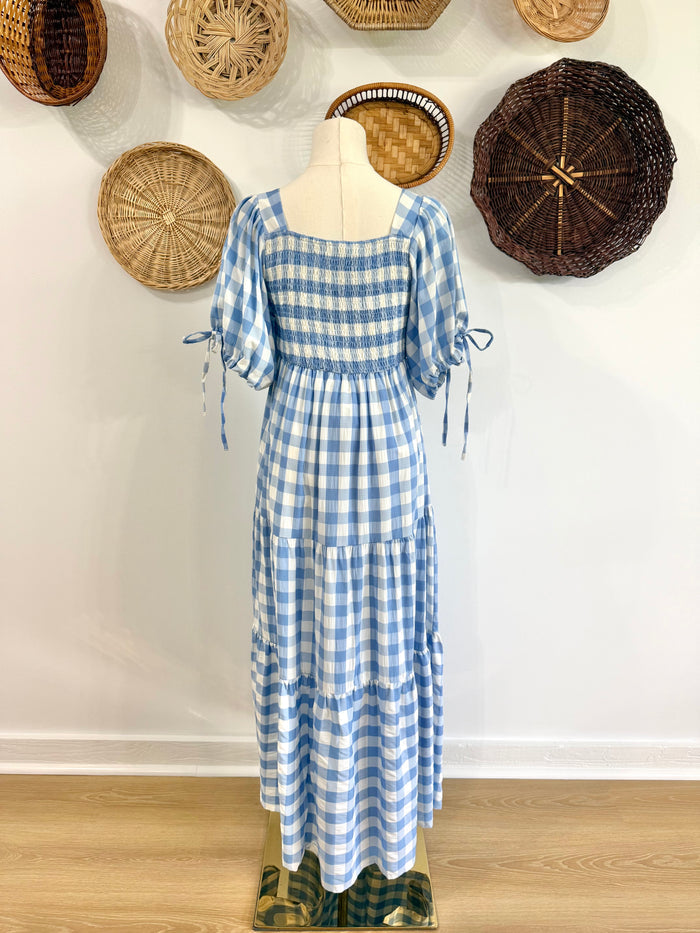 The Ezra Tiered Maxi Dress in Blue Gingham