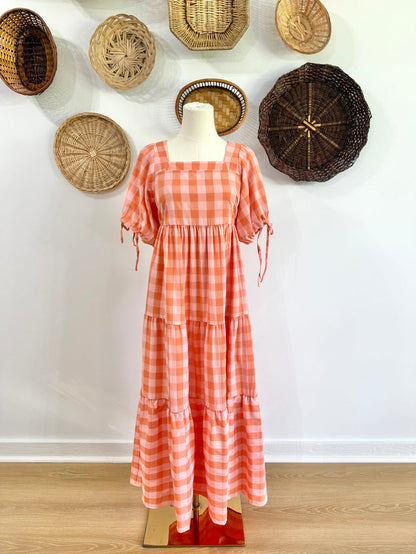 The Ezra Tiered Maxi Dress in Peach Gingham