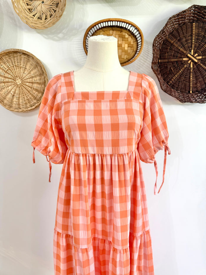The Ezra Tiered Maxi Dress in Peach Gingham