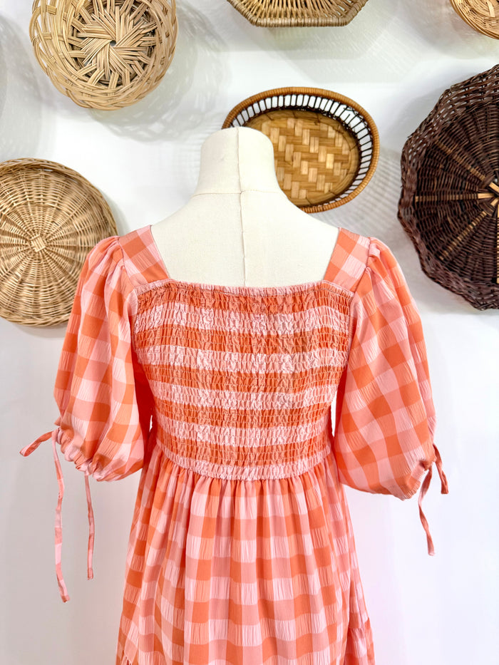 The Ezra Tiered Maxi Dress in Peach Gingham