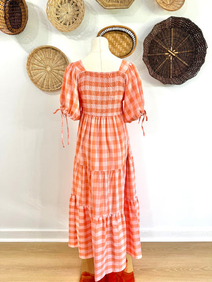 The Ezra Tiered Maxi Dress in Peach Gingham