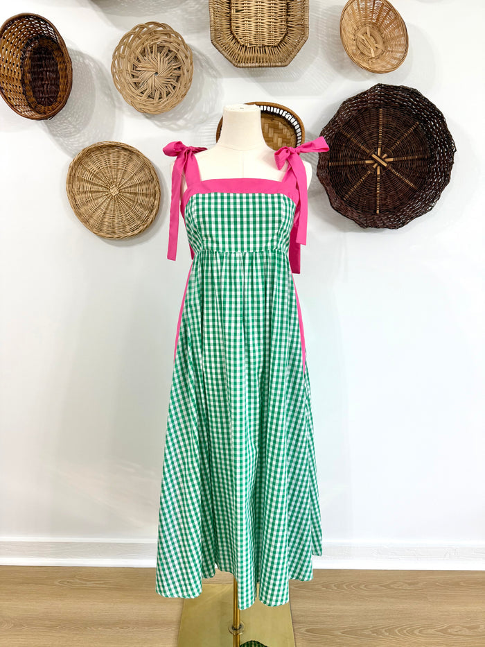 The Hendrix Gingham Midi Dress in Kelly Green & Pink