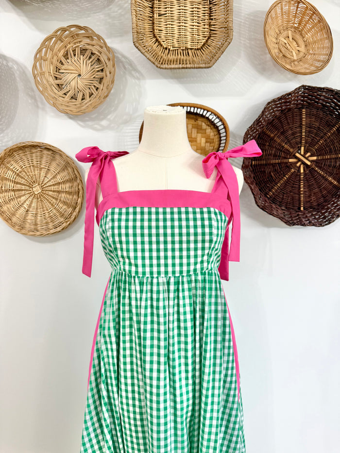 The Hendrix Gingham Midi Dress in Kelly Green & Pink