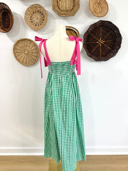 The Hendrix Gingham Midi Dress in Kelly Green & Pink