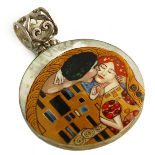 The Kiss Hand Painted Small Round Pendant Inspired by Klimt