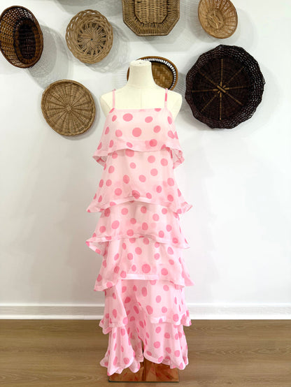 The Sienna Polka Dot Ruffle Tiered Maxi Dress in Pink
