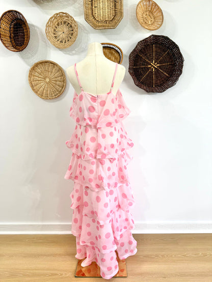 The Sienna Polka Dot Ruffle Tiered Maxi Dress in Pink