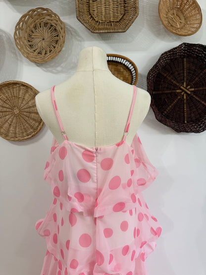 The Sienna Polka Dot Ruffle Tiered Maxi Dress in Pink