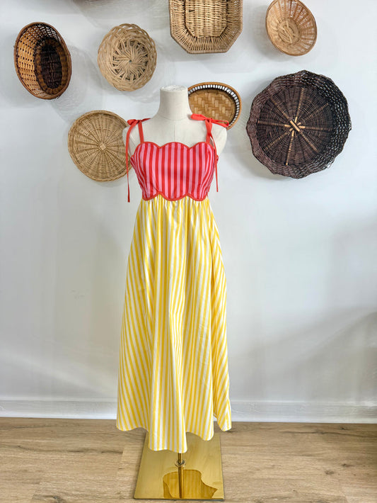 The Vera Scalloped Detail Colorful Striped Midi Dress