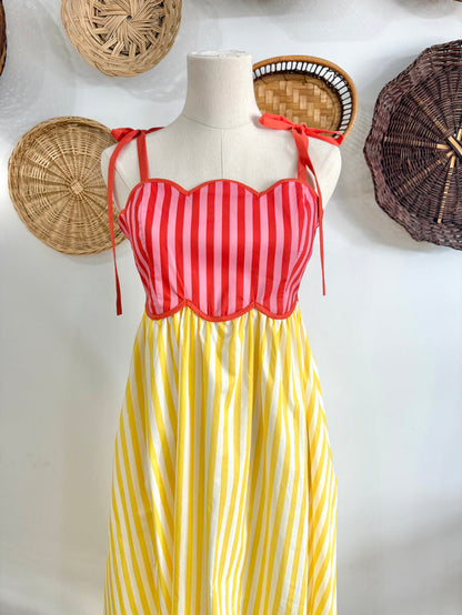 The Vera Scalloped Detail Colorful Striped Midi Dress