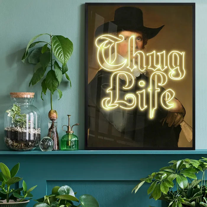 Thug Life Neon Altered Art Print, quirky altered art print black framed on a living room shelf