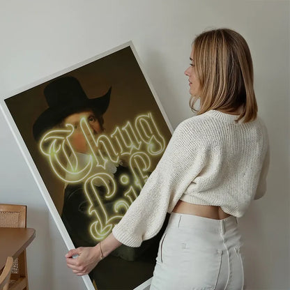 Thug Life Neon Altered Art Print held up against a living room wall
