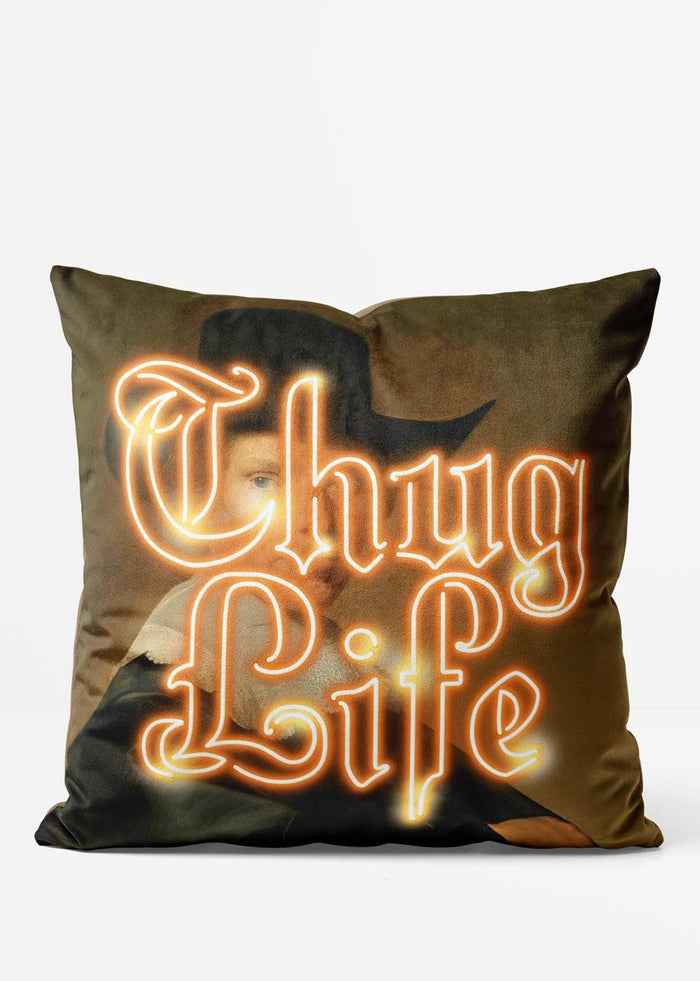 Thug Life Neon Cushion, front view in orange