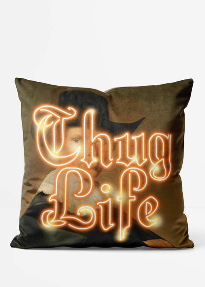 Thug Life Neon Cushion, front view in orange