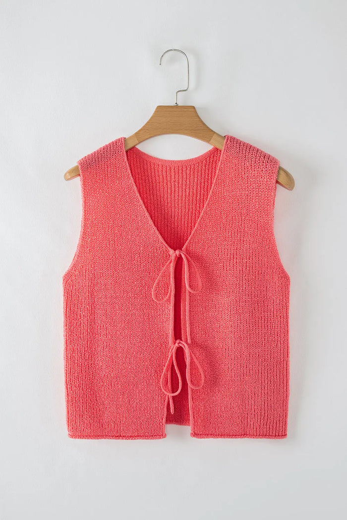 Tomato Red Lace-up Front V Neck Sweater Vest - Sweaters & Cardigans/Sweater Vests