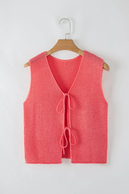Tomato Red Lace-up Front V Neck Sweater Vest - Sweaters & Cardigans/Sweater Vests