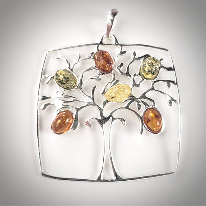 Tree of Life Multicolor Amber & Sterling Silver Pendant BuyRussianGifts Store