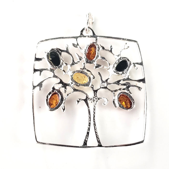 Tree of Life Multicolor Amber & Sterling Silver Pendant BuyRussianGifts Store
