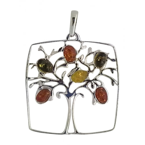Tree of Life Multicolor Amber & Sterling Silver Pendant