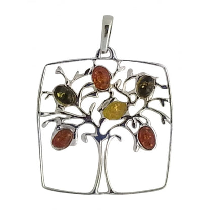 Tree of Life Multicolor Amber & Sterling Silver Pendant