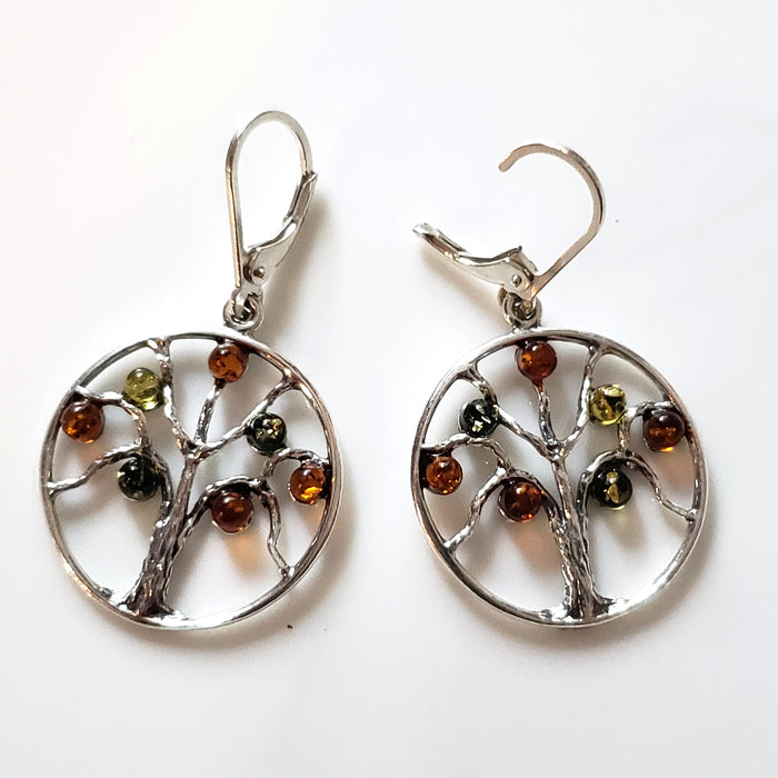 Tree of Life sterling silver with amber earrings
