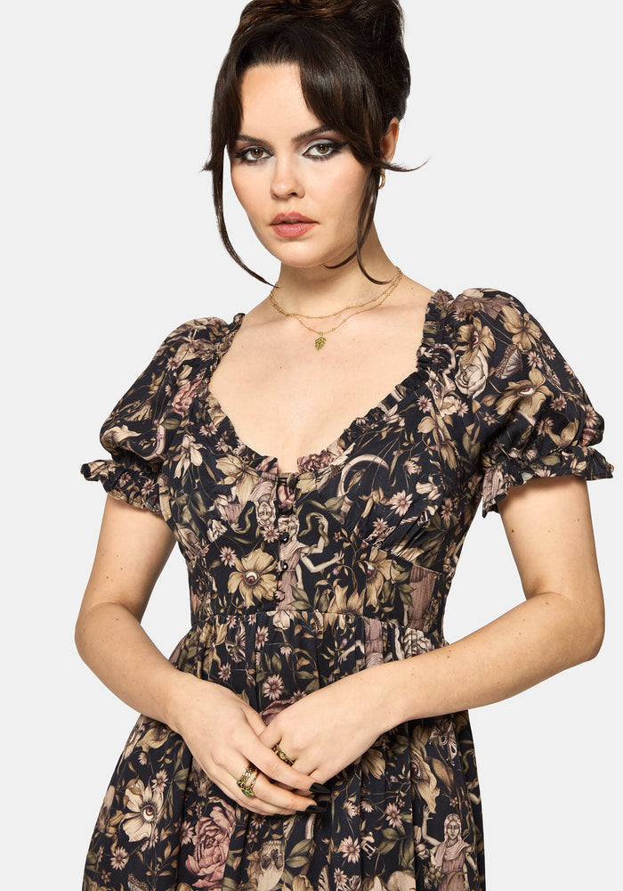 Triple Goddess Print Milkmaid Midi Dress