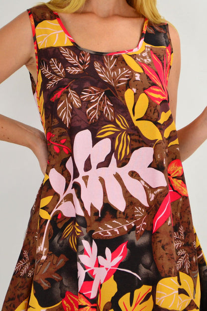 Tropical Autumn Leaf linen and cotton tunic dress by Ruby Rain, featuring a flowy silhouette and vibrant leaf print.