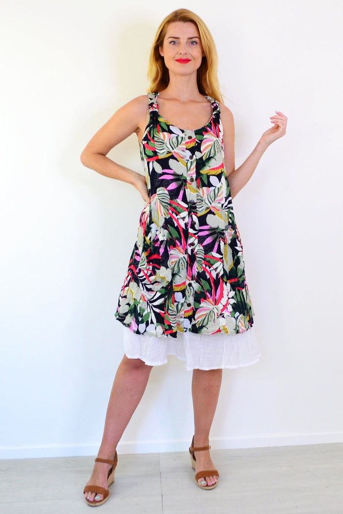 Tropical Forest Leaf Crinkle Tunic Dress by Missy Q, featuring vibrant leaf pattern and lightweight crinkle fabric.