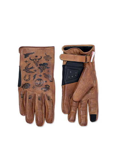 Brown leather gloves with black tattoo-style designs, including a bull skull and snake. The word "TRUE" is printed on the fingers.