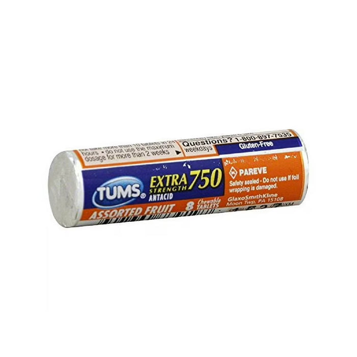 TUMS Extra Strength Chewable Tablets Roll, Assorted Fruit, 8 Ct - 12 pack