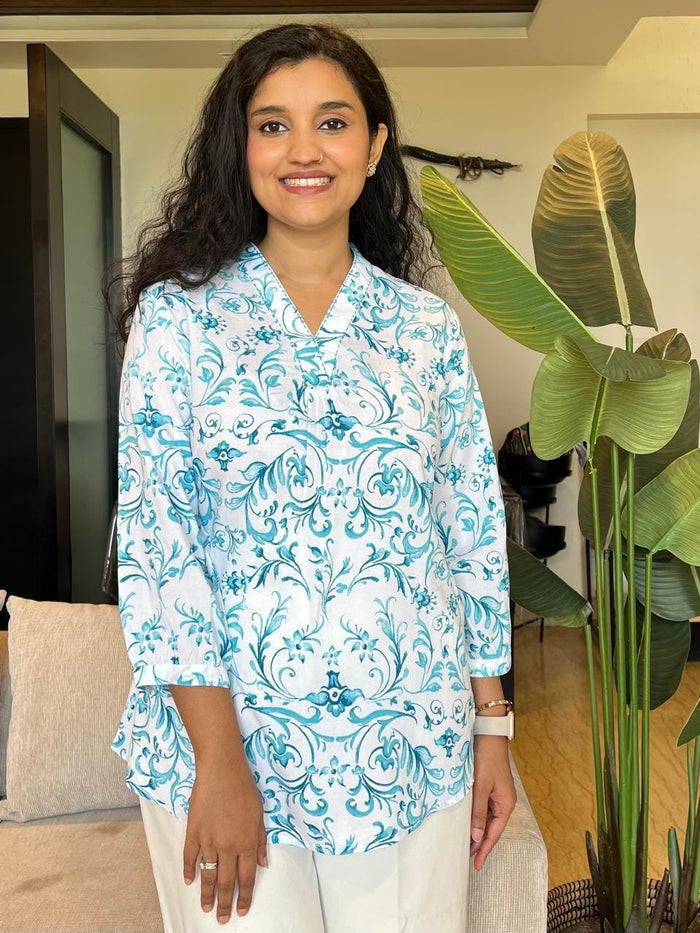 V Neck Short Top- Aqua Jaal